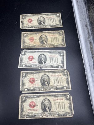 Lot of 5 1928 $2 USN United States Note Red Seal Bills Cull very Circ #72