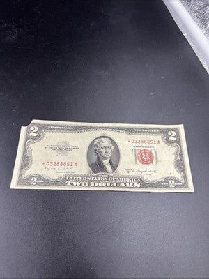 1953 * Star B $2 USN Red Seal United States Note CH VF Details Corner Tear #888