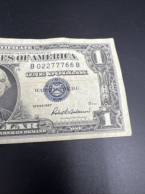 1957 $1 One Dollar US Silver Certificate Blue Seal VF Neat Serial #02277766