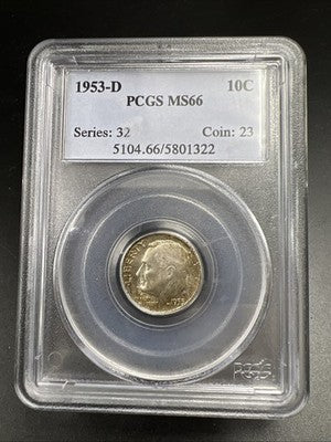 1953 D 10c Roosevelt Silver Dime Coin PCGS MS66 #322 Some Toning
