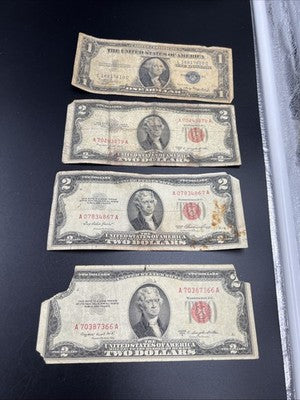 Very Circulated Note Lot 1957 $1 and 1953 $2 USN Red Seal Damaged Ugly #7