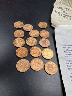 5 Sets of 1973 P D S 1c in Cloth Bag - 15 BU UNC Lincoln Memorial cent coins S#B