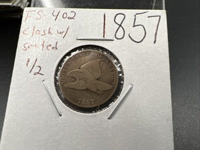 1857 1c Flying Eagle 1c FS-402 Clashed with Seated Half Variety VG Very Good