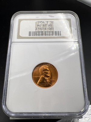 1954 S 1c Lincoln Wheat Cent Penny MS67 Red Gem BU UNC #081