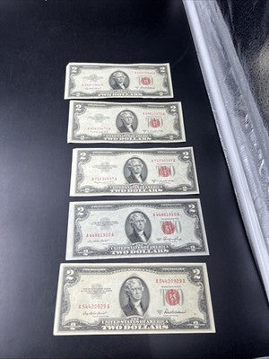 Lot of 5 1953 $2 USN United States Notes CH VF Very Fine Circ #929