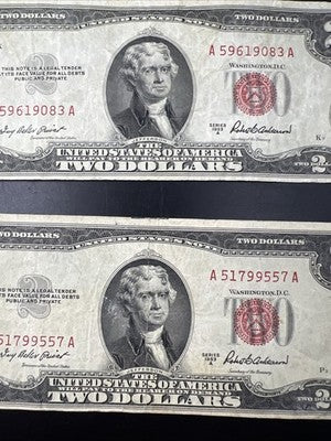 Lot of 10 1953 $2 USN Red Seal Legal Tender Bills VG Very Good + Circ #557