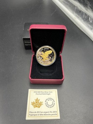 2014 Canada $20 Gilt Perched Bald Eagle Proof 1 oz Silver Coin in RCM Box COA