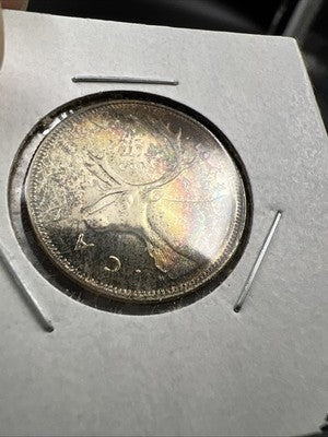 1964 Canada 25 Cents Silver Coin Nice Toning Toner Uncirculated