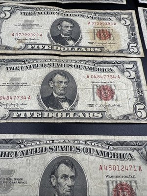 Lot of 9 1963 1953 $5 Five Dollar USN United States Notes Well Circulated #79