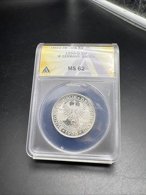 1955 G 5M West Germany Baden 5 Five Marks Silver Coin ANACS MS62 #041