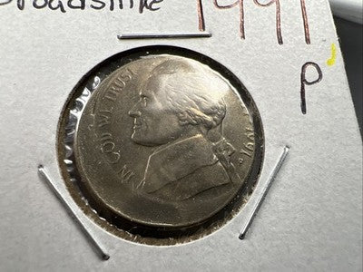 Off Center Broadstrike 1991 P 5c Jefferson Error Nickel XF EF Extra Fine Circ