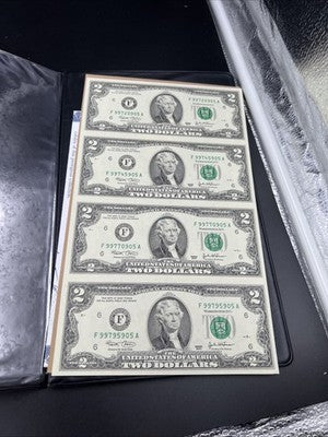 4 Note Souvenir Sheet 2003 US $2 Two Dollar FRN Federal Reserve Notes in Book #A