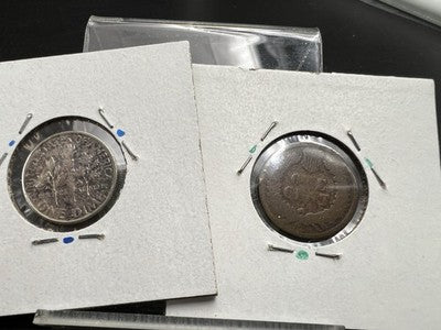 95 Years of US Coins Set 1960 10c VF / XF Silver Dime & 1865 Indian Cent Coin AG