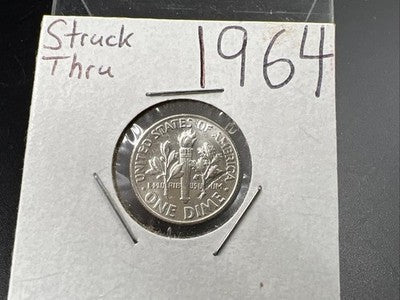1964 P 10c Roosevelt Silver Dime Coin Major Struck Thru Error Reverse CH BU