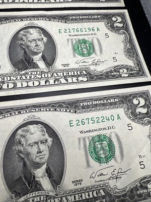Lot of 5 1976 $2 FRN Bicentennial Notes VF + Circ #240 I & E Districts