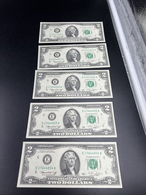 5 Consecutive 1976 $2 FRN Federal Reserve Bicentennial Notes CH AU #54