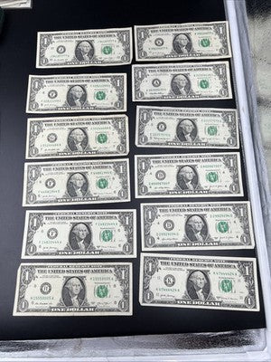 Lot of 12 $1 FRN Fancy Serial Number Federal Reserve Note Years 1963 - 2021 Circ