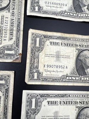 Lot of 7 Circ 1957 $1 One Dollar US Silver Certificates Blue Seal Notes #165