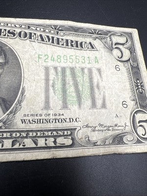 1934 $5 Five Dollafr FRN Federal Reserve Note VG Very Good Circ #31
