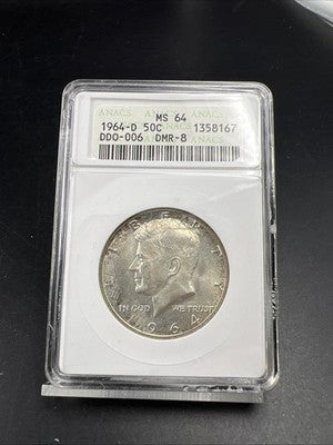 1964 D 50c Kennedy FS-106 Half Dollar Coin Double Die Obverse DDO 006 ANACS MS64