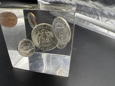 Coin Cube 1964 5 Coin UNC Set w/ Silver 50c 10c 25c In Clear Plastic Paperweight