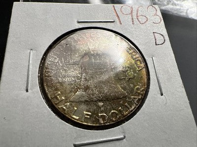 1963 D Franklin Half Dollar Silver Coin Choice BU UNC Neat Toning Reverse #B