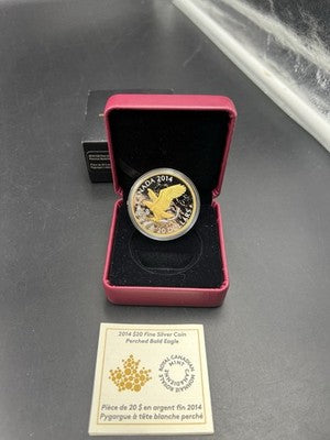 2014 Canada $20 Gilt Perched Bald Eagle Proof 1 oz Silver Coin in RCM Box COA
