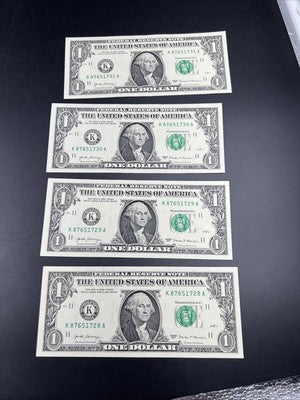 4 Consecutive 2017 $1 FRN Federal Reserve Notes CH UNC #28