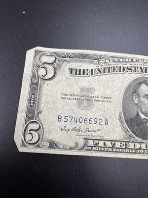 1953 $5 US Silver Certificate Note Five Dollar Bill VG Very Good Circ #692