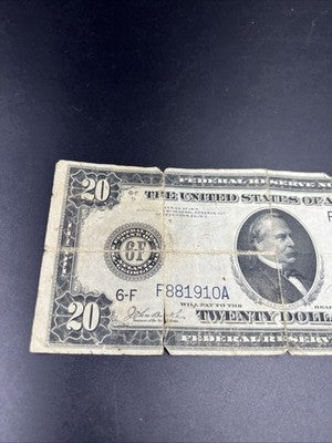1914 $20 Large Size Twenty Dollar Federal Reserve Note Very Circulated Damaged