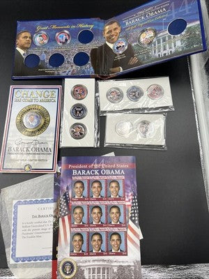 Lot of 13 Barack Obama Colorized US UNC Coins in displays w/ 9 Liberia Stamps