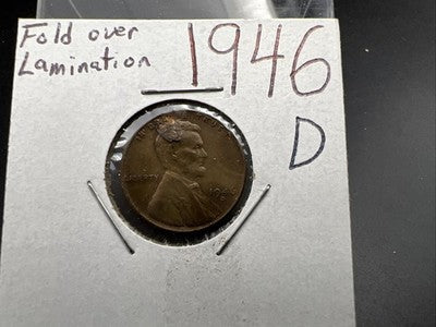 1946 D 1c Lincoln Wheat Cent Coin Fold Over Lamination VF / XF Circ
