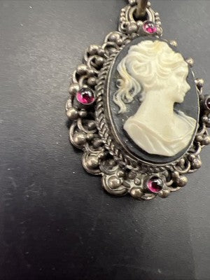 Carved Antique Wax Cameo in Sterling Silver w/ Stones Necklace Pendant 17.3 Gs