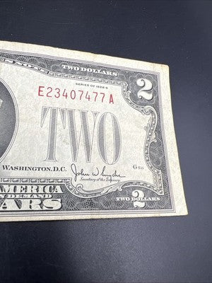 1928 G $2 Two Dollar Legal Tender US Red Seal Note Fine Circ #477