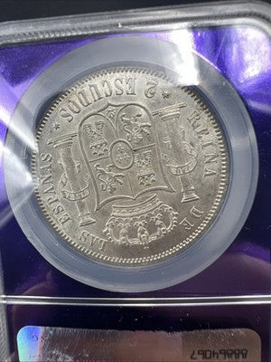 1867 Madrid Spain 2 Escudos Silver Coin NGC AU58 Choice AU Certified