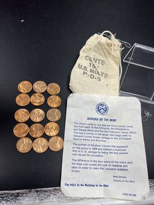 5 Sets of 1973 P D S 1c in Cloth Bag - 15 BU UNC Lincoln Memorial cent coins S#B