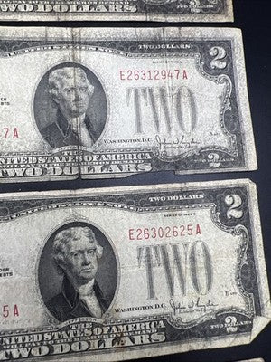 Lot of 5 1928 $2 Two Dollar USN United States Notes Red Seal Very Circulated #25