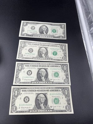 FRN Collector's Lot 3x 1963 B Barr $1 VF & 1976 $2 Bicentennial Two Dollar Bill