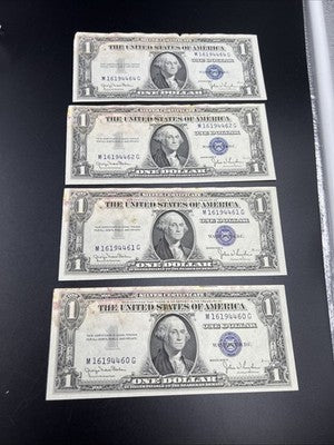 Lot of 4 1935 D $1 US Silver Certificates XF Details Stain - 3 notes Consecutive