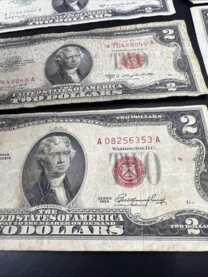 Lot of 10 1953 1963 $2 USN Red Seal Legal Tender Bills Very Circulated #353
