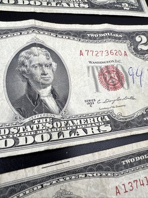 3 Note Lot 1953 $2 Red Seal USN Note Lot Interesting Bills VG / Fine #733