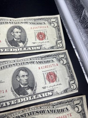 Lot of 9 1963 1953 $5 Five Dollar USN United States Notes Well Circulated #79