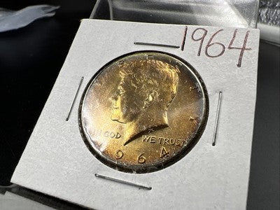 1964 50c Kennedy Silver Half Dollar Coin PQ Amber Toning Obverse CH BU SK#a