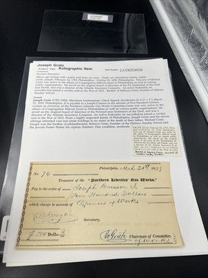 1839 Joseph Gratz Hand Autographed Endorsed for Collection Check
