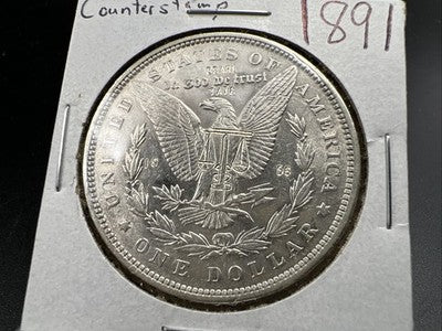 Bearl Tate Masonic Counterstamp on 1891 P $1 Morgan Silver Dollar AU Details