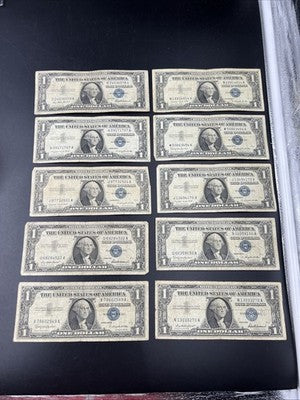 Lot of 10 1957 $1 One Dollar Silver Certificate Blue Seal Notes G / VG #549