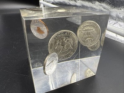 Coin Cube 1964 5 Coin UNC Set w/ Silver 50c 10c 25c In Clear Plastic Paperweight