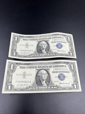2 Consecutive 1957 $1 One Dollar Blue Seal Silver Certificates CH VF #10