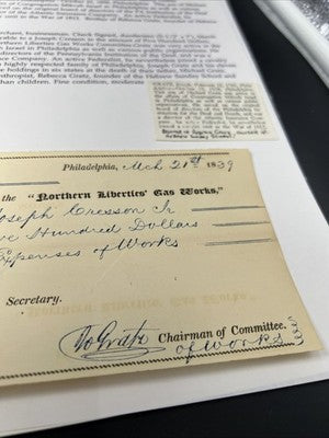 1839 Joseph Gratz Hand Autographed Endorsed for Collection Check