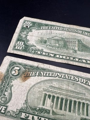 FRN Collector's Lot 1950 B $5 & 1950 D $10 Federal Reserve Note Bills Very Circ